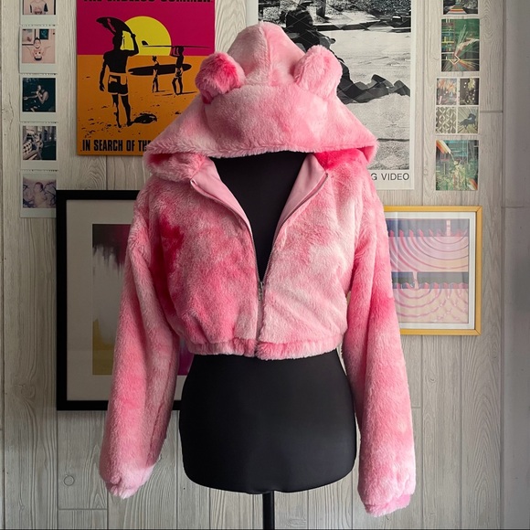 Tops - NWT Teddy Bear Hooded Cropped Jacket Pink Fur Rave Festival Kawaii Goth Pastel
